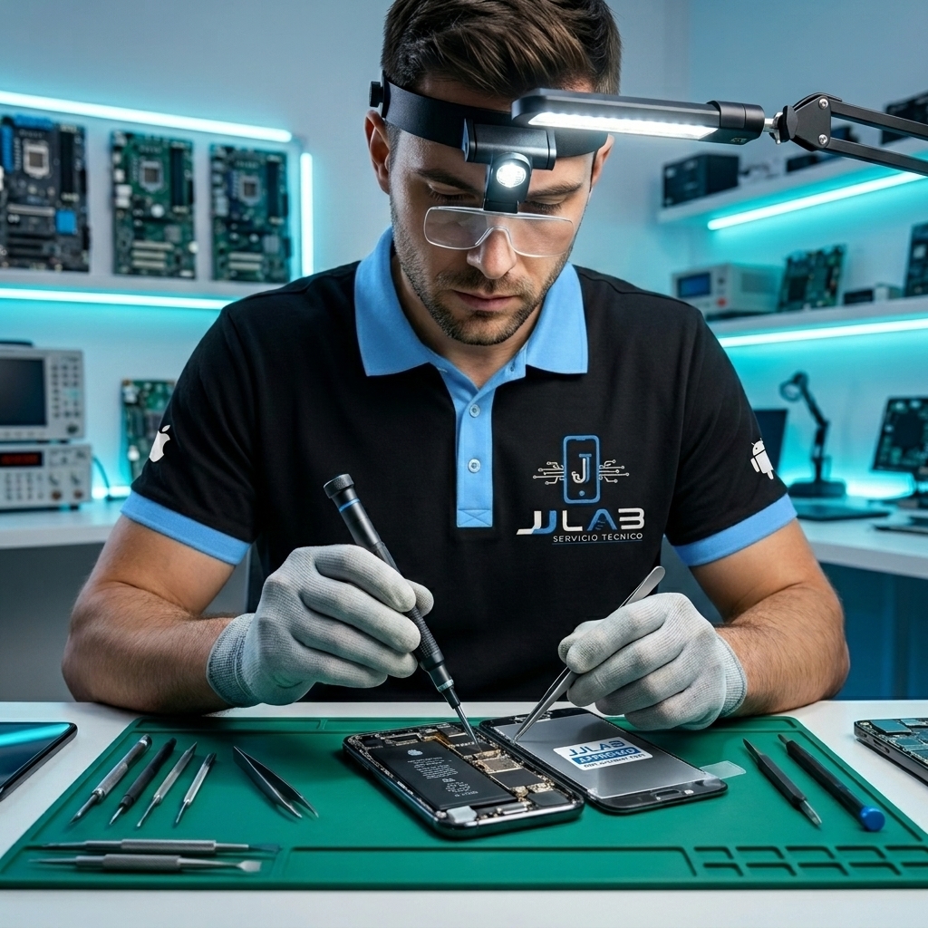 Técnico reparando dispositivo electrónico